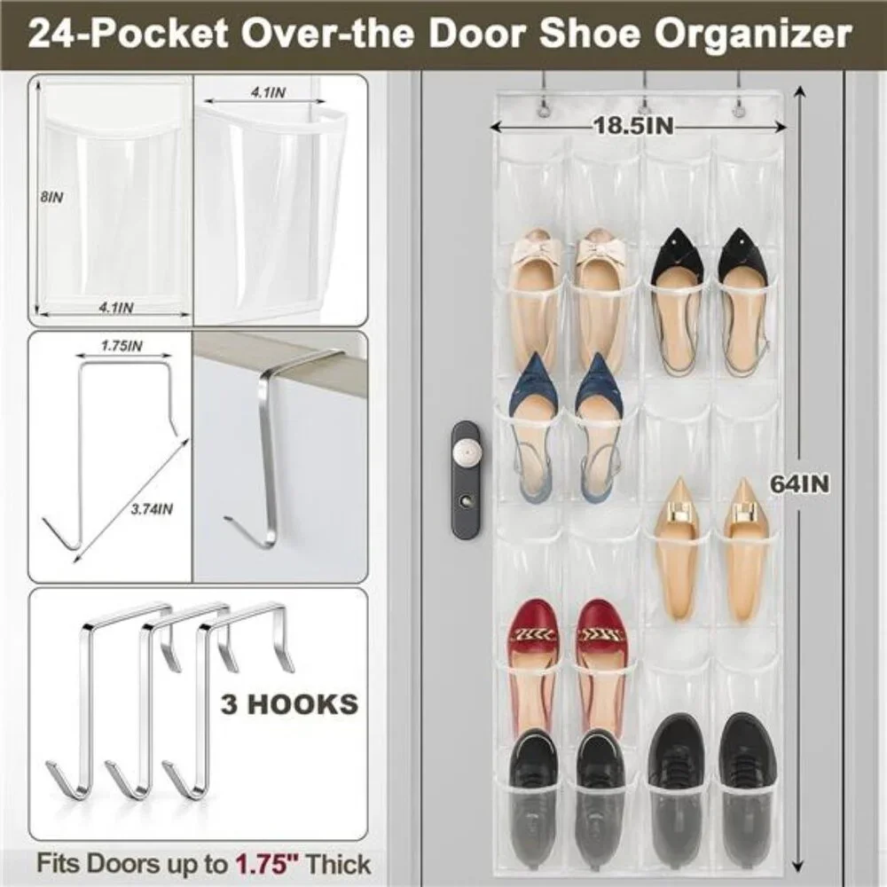 Over Door Shoe Organizer 24 Pocket Clear Hanging Storage Closet White